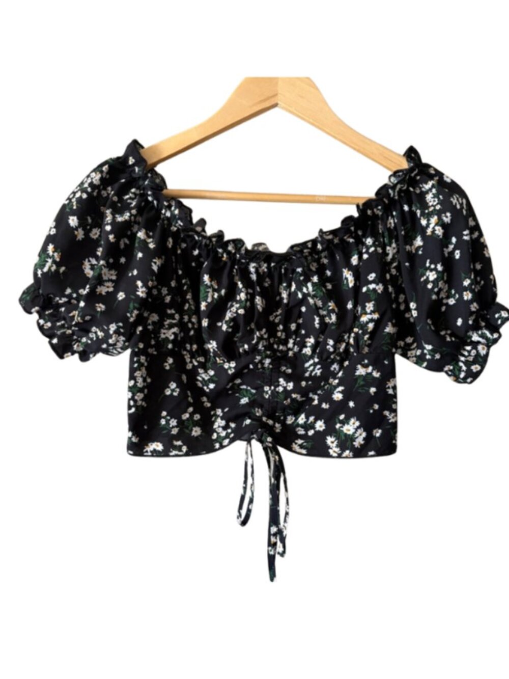 Coquette Cottagecore Milkmaid Top Black Daisy Puff Sleeve Crop Blouse